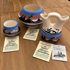 Cedar Mesa Native American Blue Pink Hand Crafted Ceramic Wedding Vase Trio Set